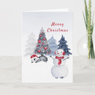 Cartes Pour Fêtes Annuelles Bonhomme de neige rouge pingouin Arbres Noël aquar