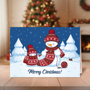 Cartes Pour Fêtes Annuelles Bonhomme de neige tricotant une écharpe de Noël