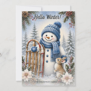 Cartes Pour Fêtes Annuelles Bonjour Bonhomme de Neige Lapin Aquarelle d'Hiver