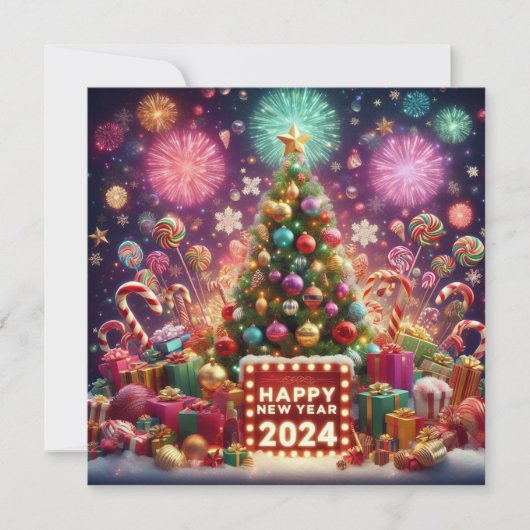 Cartes Pour Fêtes Annuelles Bonne année 2024 Feu d'artifice Arbre de Noël Étoi (Devant)