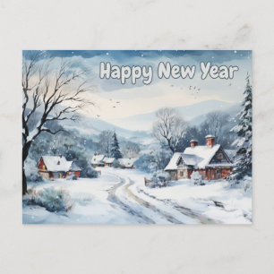 Cartes Pour Fêtes Annuelles Bonne année Aquarelle Hiver Village Vintage