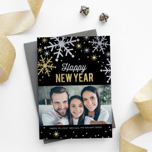 Cartes Pour Fêtes Annuelles Bonne Année Or Noir Flocon d'Argent Photo