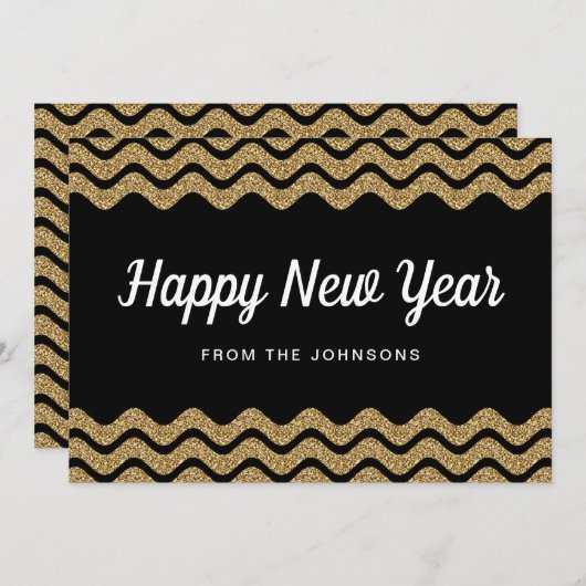 Cartes Pour Fêtes Annuelles Bonne année paillettes dorées rayures noires (Devant / Derrière)