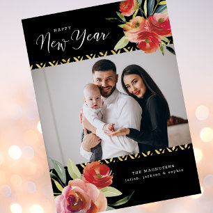 Cartes Pour Fêtes Annuelles Bonne année Photos Aquarelle Floral Or Noir