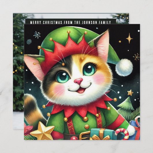 Cartes Pour Fêtes Annuelles Bonne étoile Noël mignonne chat calico Elf (Devant / Derrière)