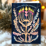 Cartes Pour Fêtes Annuelles Bonne Hanoukka Botanical Menorah Aquarelle<br><div class="desc">Dessin doux pour souhaiter à quelqu'un d'hanoukka heureux! Cliquez sur "modifier en utilisant l'outil de conception" pour ajouter votre propre texte. Également disponible sous forme de carte postale, de carte plate ou de téléchargement numérique pour envoyer instantanément par e-mail ou SMS. Consultez ma boutique pour en savoir plus ou faites-moi...</div>