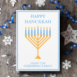 Cartes Pour Fêtes Annuelles Bonne Hanoukka Cute personnalisable Menorah<br><div class="desc">Carte Happy Hanoukka sur mesure pour une famille juive ou un parti Chanukah avec une synagogue. Personnalisez avec votre nom de famille ou informations de groupe en bleu sous la jolie menorah bleue.</div>