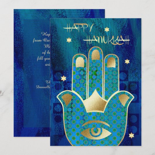 Cartes Pour Fêtes Annuelles Bonne Hanoukka. Main d'or Hamsa (Devant / Derrière)