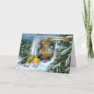 Cartes Pour Fêtes Annuelles Bonne Hanoukka. Scène de fenêtre de neige avec Men