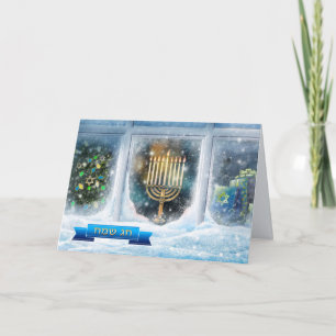 Cartes Pour Fêtes Annuelles Bonne Hanoukka. Scène de neige avec Menorah
