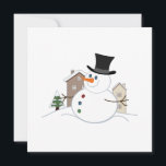 Cartes Pour Fêtes Annuelles Bonne illustration de Noël Snowman<br><div class="desc">Illustration d'un bonhomme de neige de Noël dans une scène de neige avec des maisons recouvertes de neige et un arbre dans l'arrière - plan.</div>