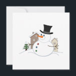 Cartes Pour Fêtes Annuelles Bonne illustration de Noël Snowman<br><div class="desc">Illustration d'un bonhomme de neige de Noël dans une scène de neige avec des maisons recouvertes de neige et un arbre dans l'arrière - plan.</div>
