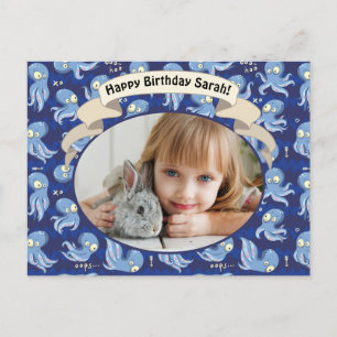 Cartes Pour Fêtes Annuelles Boo Octopus Blue Cute Anniversaire de enfant Invit