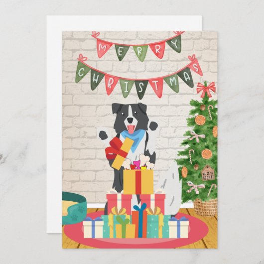Cartes Pour Fêtes Annuelles Bordure Collie présente les os Chien Noël (Devant / Derrière)