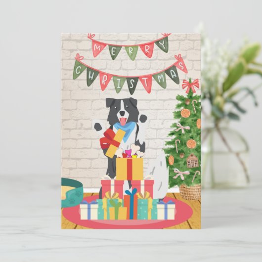 Cartes Pour Fêtes Annuelles Bordure Collie présente les os Chien Noël (Debout devant)