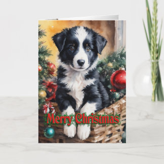 Cartes Pour Fêtes Annuelles Bordure de Noël Chiot Collie dans un panier