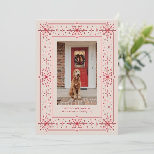 Cartes Pour Fêtes Annuelles Bordure d'étoile rouge et beige (Debout devant)