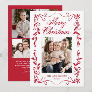 Cartes Pour Fêtes Annuelles Bordure élégante de houx rouge Joyeux Noël 5 Photo