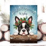 Cartes Pour Fêtes Annuelles Boston Terrier Winter Wonderland Joyeux Noël<br><div class="desc">Cette adorable carte de voeux de vacances présente une jolie illustration de Boston Terrier Dog portant une couronne festive de saints, de pins et de baies, avec des flocons de neige tombant doucement contre un arrière - plan rustique de la forêt de pins neigeux. Le Boston Terrier regarde le rond-point...</div>