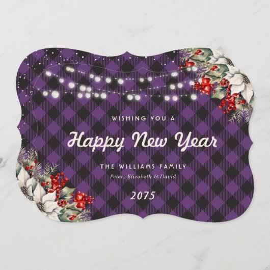 Cartes Pour Fêtes Annuelles Botanical Purple Plaid String Lights New Year Card (Devant / Derrière)