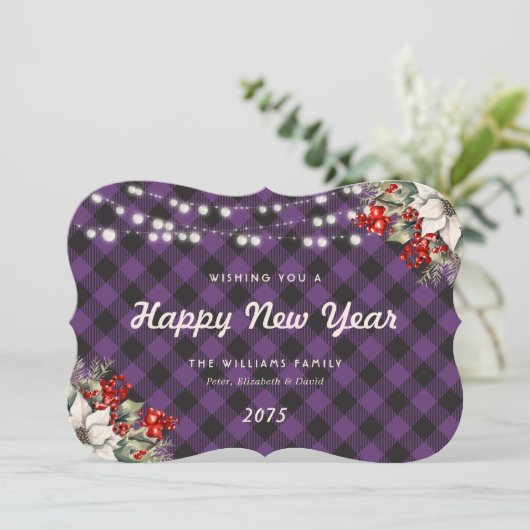Cartes Pour Fêtes Annuelles Botanical Purple Plaid String Lights New Year Card (Debout devant)