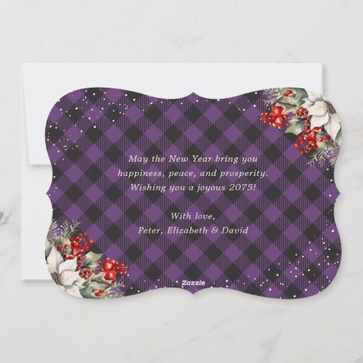 Cartes Pour Fêtes Annuelles Botanical Purple Plaid String Lights New Year Card (Dos)