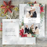 Cartes Pour Fêtes Annuelles Botanique classique d'hiver Deux photos<br><div class="desc">Ce design classique et traditionnel comprend deux modèles photo avec élément blanc central pour votre personnalisation sur un arrière - plan de poinsettias aquarelle,  roses blanches et pin sur un arrière - plan gris brumeux.</div>