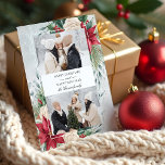 Cartes Pour Fêtes Annuelles Botanique classique d'hiver Deux photos<br><div class="desc">Ce design classique et traditionnel comprend deux modèles photo avec élément blanc central pour votre personnalisation sur un arrière - plan de poinsettias aquarelle,  roses blanches et pin sur un arrière - plan gris brumeux.</div>