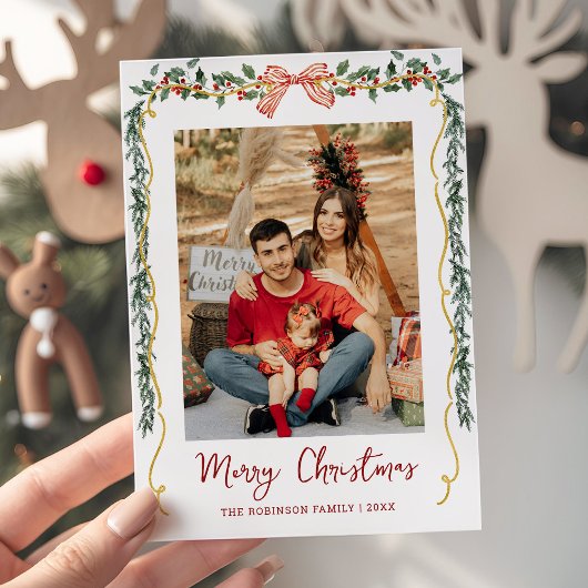 Cartes Pour Fêtes Annuelles Botanique de verdure & Bow Joyeux Noël 1 Photo