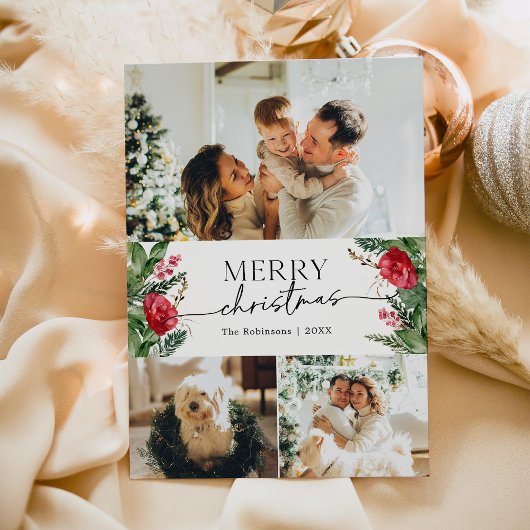 Cartes Pour Fêtes Annuelles Botanique moderne Script 3 Photo Joyeux Noël