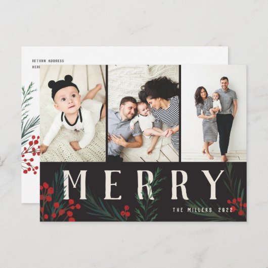 Cartes Pour Fêtes Annuelles Botaniques typographiques 3 Photo Joyeux (Devant / Derrière)