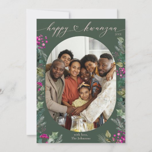 Cartes Pour Fêtes Annuelles Botaniques vertes et roses brillantes Heureuse pho (Devant)