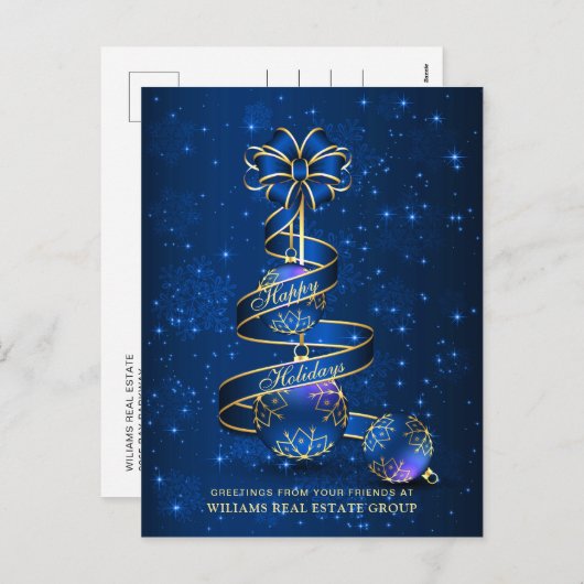 Cartes Pour Fêtes Annuelles Boule de Noël bleu doré Salutation d'entreprise (Devant / Derrière)