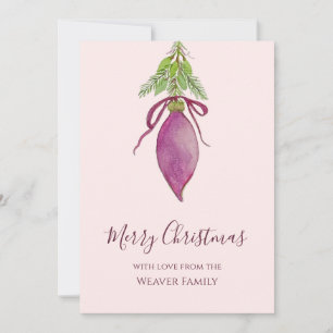 Cartes Pour Fêtes Annuelles Boule de Noël Rose Aquarelle Originale avec Ruban