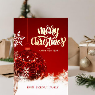 Cartes Pour Fêtes Annuelles Boule de Noël Rouge Élégante, Flocons de Neige