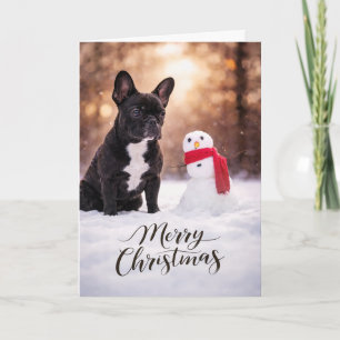 Cartes Pour Fêtes Annuelles Bouledogue français bonhomme de neige de Noël