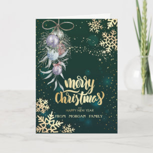 Cartes Pour Fêtes Annuelles Boules de Noël aquarelle, flocons de neige verts 