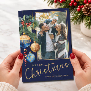 Cartes Pour Fêtes Annuelles Boules de Noël Bleu et Or Chic Photo