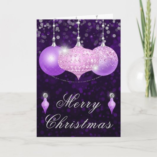 Cartes Pour Fêtes Annuelles Boules de Noël scintillantes rose et violet (Devant)