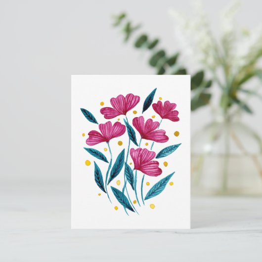 Cartes Pour Fêtes Annuelles Bouquet floral mignon - magenta et turquoise (Debout devant)