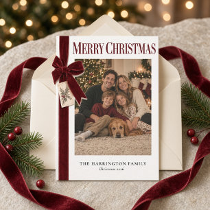 Cartes Pour Fêtes Annuelles Bourgogne Ruban Velours Famille Photo Joyeux Noël