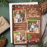 Cartes Pour Fêtes Annuelles Bracelet Script Artisanat Bande Camion feux bois<br><div class="desc">Brosse moderne Script Joyeux Noël 3 Photo Collage Carte de vacances comprend bande d'artisanat et aquarelle Camion rouge Vintage avec arbre de Noël. Bois rustique avec lumières à cordes.</div>