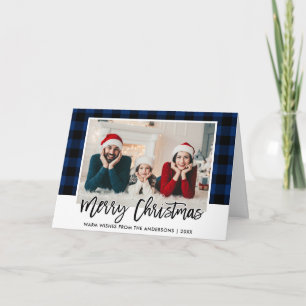Cartes Pour Fêtes Annuelles Bracelet Script bleu Plaid Famille Photo Noël