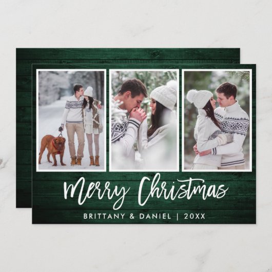 Cartes Pour Fêtes Annuelles Bracelet Script Rustique Vert Bois Noël 3 Photo (Devant / Derrière)