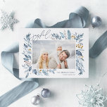 Cartes Pour Fêtes Annuelles Branches glacées | Photo élégante<br><div class="desc">Cette carte de vacances simple et élégante d'inspiration nature présente votre photo horizontale ou paysagère préférée, ornée aux coins de branches de gracieuses aquarelles bleues glacées. "Joyful" apparaît en haut à gauche dans un script manuscrit chic, avec vos noms et l'année en bas à droite. Un design botanique élégant pour...</div>