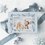 Cartes Pour Fêtes Annuelles Branches glacées | Photo élégante<br><div class="desc">Cette carte de vacances simple et élégante d'inspiration nature présente votre photo horizontale ou paysagère préférée, ornée aux coins de branches de gracieuses aquarelles bleues glacées. "Merry" apparaît en haut à gauche dans un script manuscrit chic, avec vos noms et l'année en bas à droite. Un design botanique élégant pour...</div>