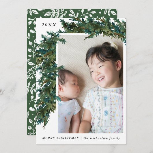 Cartes Pour Fêtes Annuelles Branches simples vertes et blanches (Devant / Derrière)