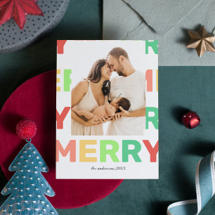 Cartes Pour Fêtes Annuelles Bright Bold Merry Photo personnalisée Xmas