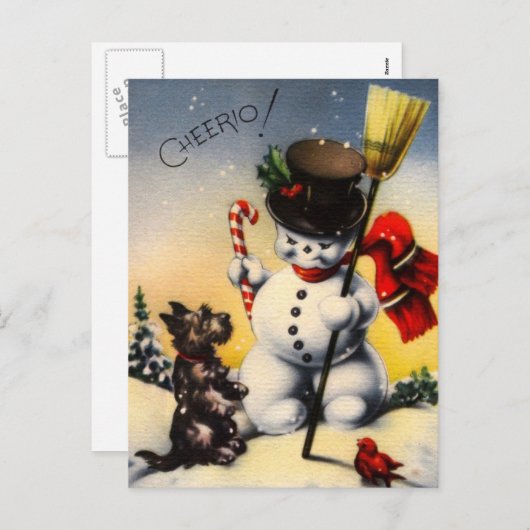 Cartes Pour Fêtes Annuelles British Snowman et Scotty Dog disent "Cheerio !" (Devant / Derrière)