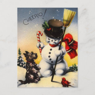 Cartes Pour Fêtes Annuelles British Snowman et Scotty Dog disent "Cheerio !"